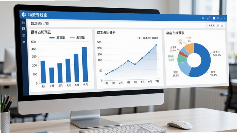物流专线宝的数据报表分析图表预览,画面为物流专线宝软件内的数据统计页面,包含柱状图、折线图和饼图,展示发货量、成本占比等信息,背景为办公桌面和电脑屏幕,整体色调商务蓝白,突出数据分析的清晰直观。