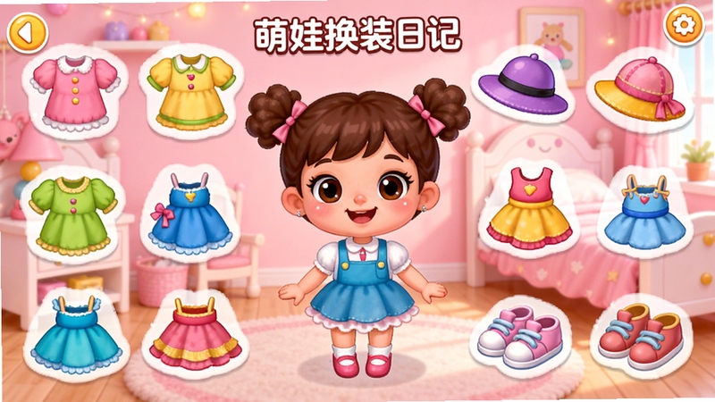 萌娃换装日记主界面预览图,画面中央是一个可爱的卡通小女孩,周围环绕着各种颜色的衣服、裙子、帽子、鞋子等换装元素,背景是粉色的儿童房间,充满童趣与温馨氛围,整体风格明亮活泼,适合儿童游戏展示