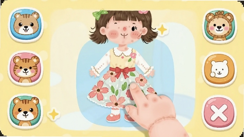 萌娃换装日记儿童操作界面,一只小手正在拖拽屏幕上的花裙子到萌娃身上,界面图标大而清晰,配有可爱的卡通动物引导,背景为浅黄色,整体风格简洁友好,体现低门槛操作