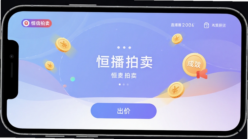 恒信拍APP界面预览图,手机屏幕展示直播拍卖与出价按钮,背景为柔和渐变蓝紫色,现代扁平化风格,主体突出主画面,光线明亮,画面干净,产品展示坐标为中心,辅以金币与成交图标装饰