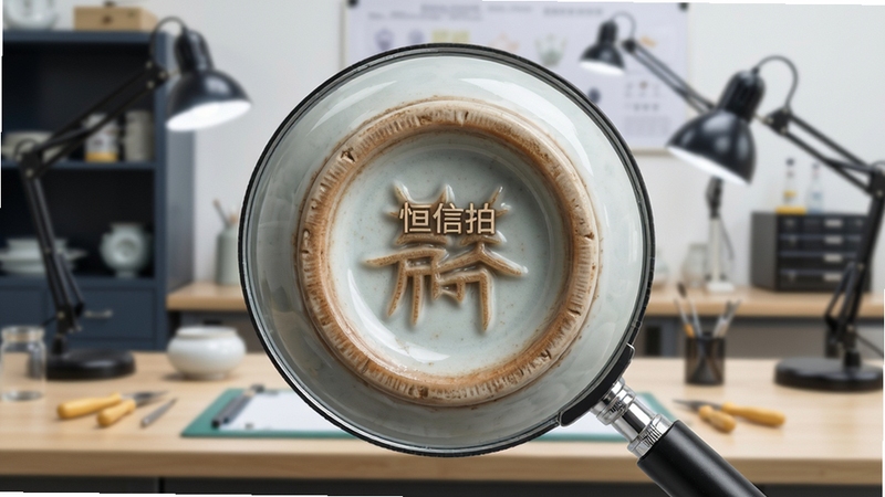 恒信拍平台拍品细节展示,放大镜下的瓷器底款特写,背景为专业鉴定工作室,色调沉稳专业,画面干净明亮,居中构图,细节纹理清晰可见,体现平台的权威与专业