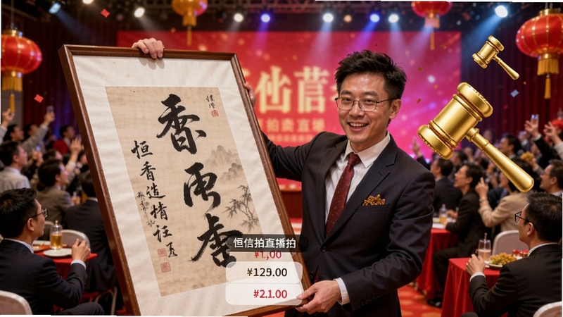 恒信拍直播拍卖场景,手机界面显示拍卖师正在展示一幅字画,屏幕下方滚动着出价记录,背景为热闹的拍卖会现场,色彩鲜明,氛围热烈,主体为界面UI,辅以金色锤子图标