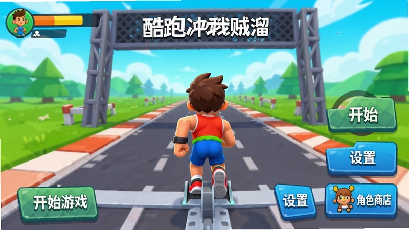 酷跑冲刺我贼溜运行截图,画面显示游戏主界面,有开始游戏、设置、角色商店按钮,背景为赛道起点,角色站在起跑线上,UI按钮布局清晰,色彩鲜艳,整体风格活泼,适合作为教程配图。
