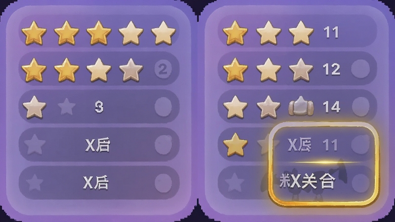合并我第一关卡选择界面截图,显示多排星星图标与关卡数字,当前关卡高亮金色边框,整体UI采用圆角卡片设计,背景为柔和渐变紫色