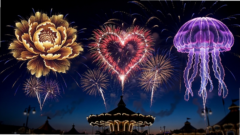 �����̻����ֳ�ȼ���̻�Ч����д�����ֲ�ɫ�̻�������ҹ����ͬʱ���ţ��н�ɫĵ������ɫ���Ρ���ɫˮĸ���ͣ��·������ֳ�����תľ����Ӱ����������Ѥ����ϸ�ڷḻ����������ϲ������