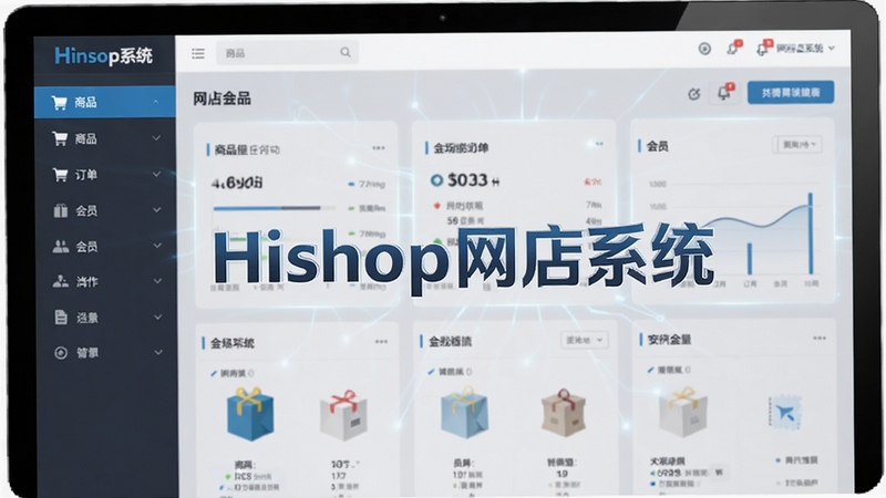����һ��Hishop����ϵͳ���ۺϹ��ܽ����ͼ�����������Ǻ�̨�Ǳ��̣������ʾ�˵�����������Ʒ����������Ա��ͼ�꣬����Ϊǳ��ɫ�Ƽ��н��棬��������������ͻ����������Hishop����ϵͳ����