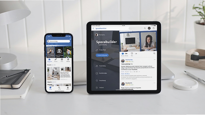 Spacebuilder移动端社区页面展示,画面中一部智能手机与一台平板电脑并排,屏幕中显示自适应后的社区首页与帖子详情页,背景为简约的工作台面,整体风格干净明亮