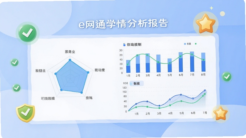 一幅e网通学情分析报告界面的示意图,画面以数据图表为主体,包括雷达图、柱状图和折线图,周围点缀对勾、星星等成就图标,背景为柔和的渐变蓝色,象征数据驱动与个性化成长。