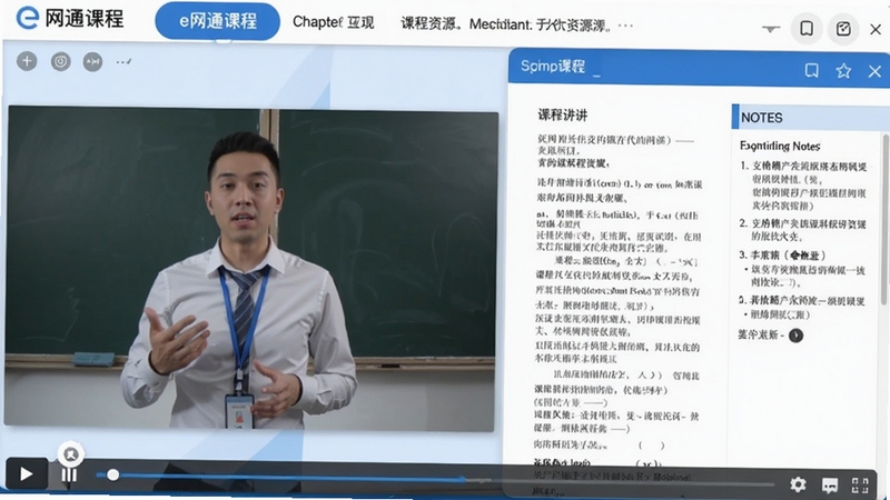 一张e网通课程播放界面的截图,画面左侧是教师讲解视频,右侧同步显示课程讲义和笔记区域,顶部有章节导航栏,整体界面清爽专业,颜色以蓝色和白色为主,体现清晰的学习路径与丰富的课程资源。