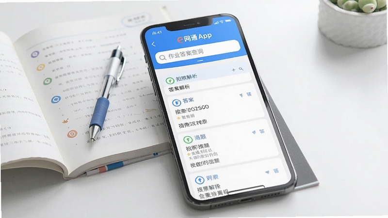 一张e网通App内作业答案查询界面的截图,画面显示手机屏幕上有搜索栏和答案列表,旁边放着一本打开的练习册和笔,背景简洁明亮,突出拍照搜题和答案解析功能,色调以蓝白为主。