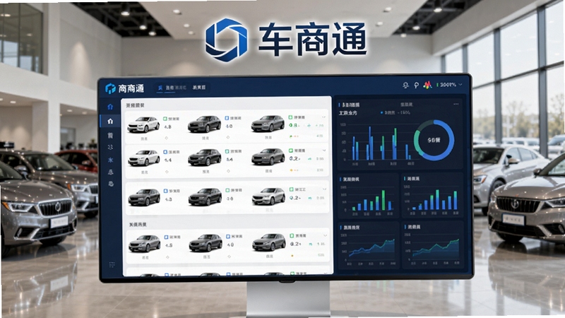 车商通主界面预览图,画面中央显示车辆列表与数据看板,背景为现代化二手车展厅,车商通logo醒目展示,整体色调专业商务感,高清细节丰富