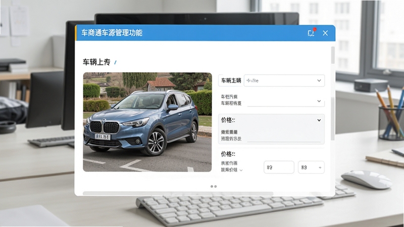 车商通车源管理功能截图样式,画面显示车辆信息编辑表单,包含车型照片上传区域和价格字段,背景为整洁的办公桌面,突出软件界面设计,色彩清晰明亮