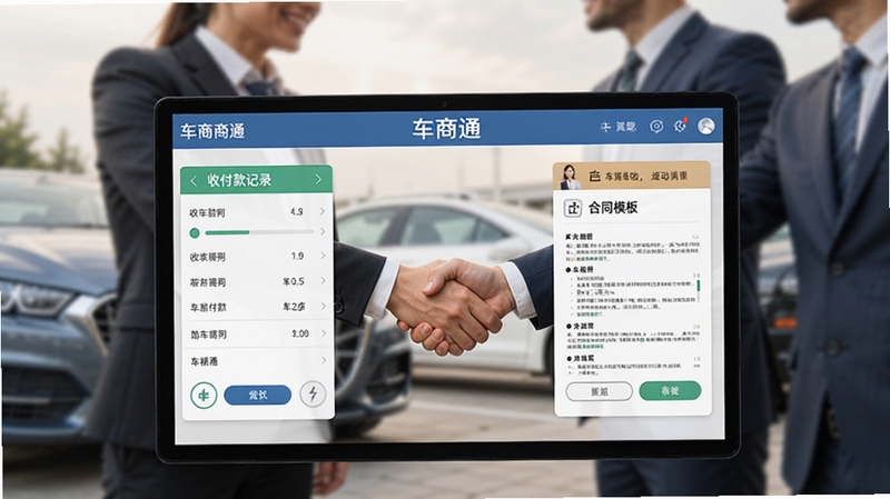 车商通交易辅助功能预览,屏幕展示收付款记录和合同模板,背景为汽车交易握手场景,温馨务实风格,车商通界面元素突出