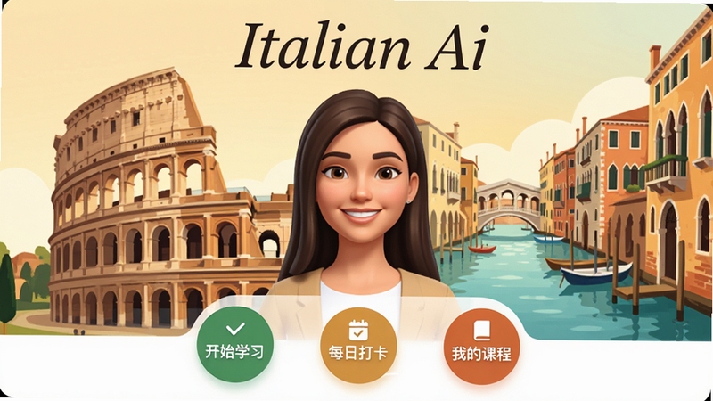 Italian Ai 学习软件主界面预览图,画面中央显示一个微笑的意大利年轻女性形象作为虚拟教师,背景为罗马斗兽场和威尼斯运河的融合插画,色调温暖明亮,软件名称“Italian Ai”以优雅的意大利体字母置于顶部,界面下方清晰展示“开始学习”“每日打卡”“我的课程”三个圆形按钮,整体风格现代简约,高清渲染,适合作为软件宣传图