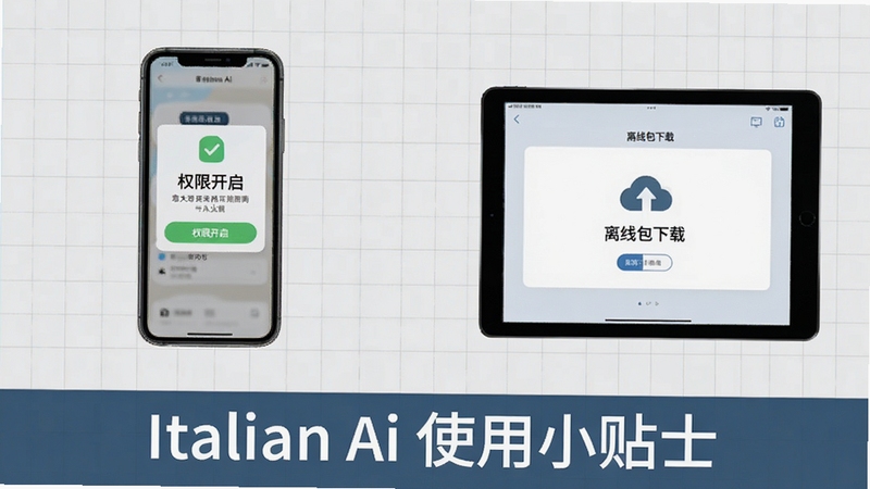 Italian Ai 使用指南示意图,画面分为左右两部分,左侧手机屏幕显示“权限开启”选项,右侧平板电脑显示“离线包下载”界面,下方一行文字“Italian Ai 使用小贴士”,背景为浅灰色网格,整体简洁明了,便于理解
