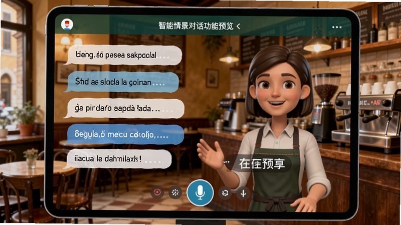 Italian Ai 智能情景对话功能预览,屏幕展示用户与AI虚拟咖啡师在罗马咖啡馆点餐的对话界面,左侧为意大利语文本气泡,右侧为中文翻译,下方有麦克风按钮显示正在录音评测,背景是温馨的意式咖啡店,画面色彩明亮,细节丰富,体现软件的交互教学场景