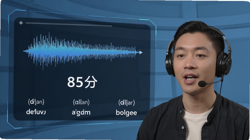 Italian Ai 发音评测功能界面,屏幕中央显示一条发音波形曲线与“85分”的评分结果,下方并列三个意大利语单词及其音标,右侧为一位亚洲用户佩戴耳机的半身像正在跟读,背景简洁科技感,蓝色主调,突出AI分析数据感,文字清晰