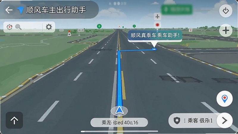 顺风车主出行助手导航界面截图,显示路线轨迹与乘客上车点标记,背景为真实道路地图,界面简洁直观