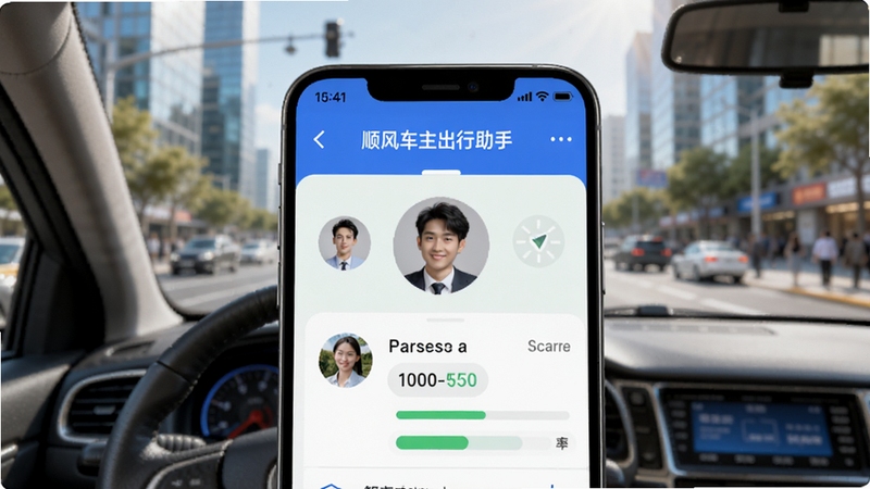 顺风车主出行助手智能匹配功能示意图,手机屏幕显示匹配到的乘客头像与顺路率,背景为城市街道,画面明亮