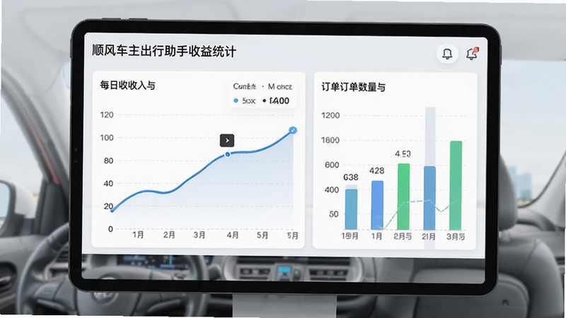 顺风车主出行助手收益统计图表界面,展示每日收入曲线与订单数量,背景为浅色数据面板,图表清晰易读