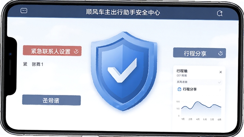 顺风车主出行助手安全中心界面,显示紧急联系人设置与行程分享功能,背景为蓝色安全盾牌图标,风格稳重专业