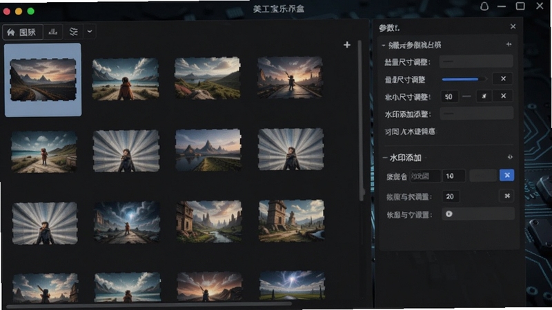 美工宝盒批量处理界面示意,左侧为图片列表缩略图,右侧为参数设置面板,展示批量尺寸调整与水印添加功能,背景为深色科技感工作台