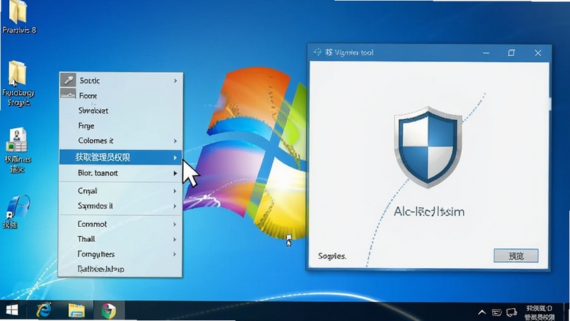 Windows 8 �Ҽ���ȡ����ԱȨ�� Ԥ��ͼ���������ΪWindows 8���汳�������ָ����ͣ���ļ����Ҽ��˵��ϣ��˵�����Ŀ��ʾ����ȡ����ԱȨ�ޡ�ѡ��Ҳม��չʾ�ù��߼��Ľ��������ͼ�꣬����������ֱ�ۣ�ͻ��Ȩ�������ĺ��Ĺ���