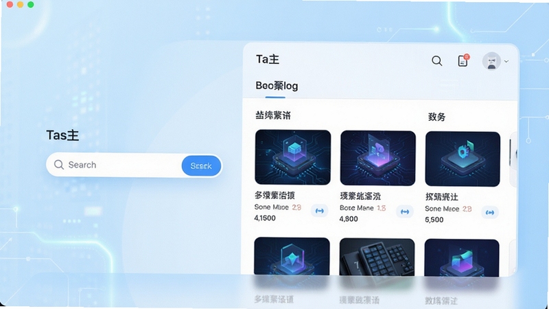 搜搜Ta主界面预览图,展示简洁搜索框与分类结果聚合页面,背景采用淡蓝色渐变,现代科技感,画面清晰明亮