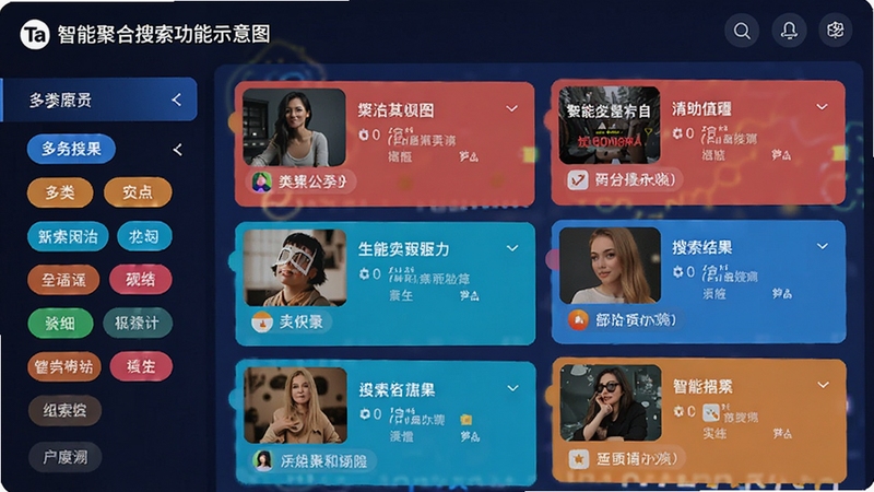 搜搜Ta智能聚合搜索功能示意图,展示多分类标签与整合结果列表,画面左侧为类别导航,右侧为丰富结果,色彩鲜明,风格现代