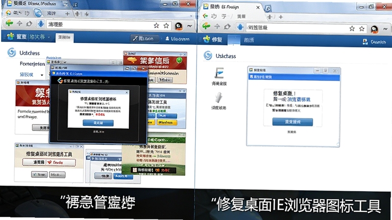 对比风格图片,左侧为被恶意篡改的IE主页,显示大量广告弹窗,右侧为修复后的干净主页,突出“修复桌面IE浏览器图标工具”的清理能力,画面清晰,色彩对比明显,比例为16:9。