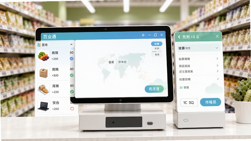 百业通免费超市收银系统主界面预览图,画面中央为简洁明亮的收银台操作界面,左侧商品列表,右侧结算面板,背景为模糊的超市货架环境,整体风格清新自然,色彩柔和,突出软件易用性与专业感,适合作为软件介绍头图。