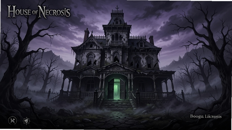 Boogu生图,展示《House of Necrosis》游戏主界面全景,画面中央是一座破败的维多利亚式庄园,周围环绕着枯树与浓雾,庄园大门半开透出幽绿光芒,背景是暗紫色天空,整体色调阴冷压抑,细节丰富,游戏风格写实,氛围神秘诡异