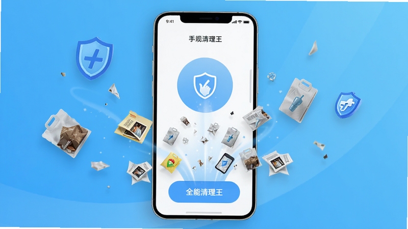 全能清理王手机清理软件主视觉图,画面中央为手机屏幕展示清理加速过程,背景为清爽的蓝色渐变,前景有悬浮的垃圾文件碎片被吸入清理按钮,整体风格简洁现代,突出高效与安全。