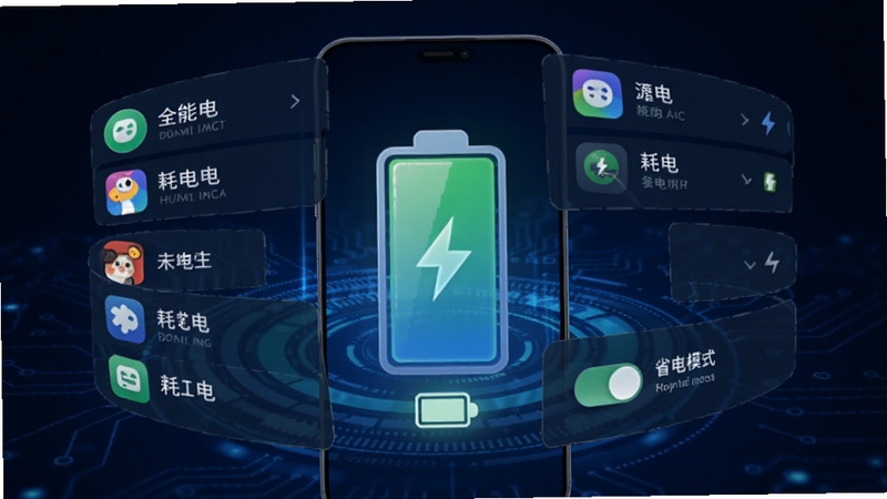 全能清理王耗电优化功能预览,手机电池图标周围环绕耗电应用列表,并有省电模式开关,背景深蓝色科技感,凸显节能与智能。