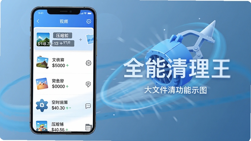 全能清理王大文件清理功能示意图,手机屏幕显示视频、图片、压缩包等大文件列表,并标注文件大小,背景有空间释放的动态效果,风格直观清晰。