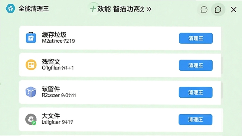 全能清理王智能扫描功能界面截图,展示详细的垃圾分类列表,如缓存垃圾、残留文件、大文件等,每个分类前有清理按钮,界面干净清爽,背景为淡绿色调,体现安全与高效。