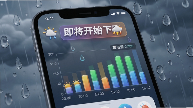 天气准点预警分钟级降雨预测功能特写,手机界面显示时间轴与降雨量柱状图,屏幕上方显示“即将开始下雨”文字提醒,背景为阴天与雨滴的拟真场景,画面色彩鲜明,UI图标具有立体感,突出重点功能,适合功能演示图
