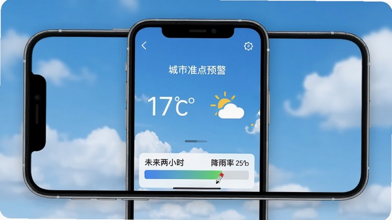 天气准点预警主界面展示,手机屏幕中间显示当前城市气温与天气图标,背景为蓝天白云,界面下方有未来两小时降雨概率条,整体风格简洁明快,UI元素清晰,真实产品屏幕截图风格,手机居中构图,背景虚化处理,适配应用程序预览图