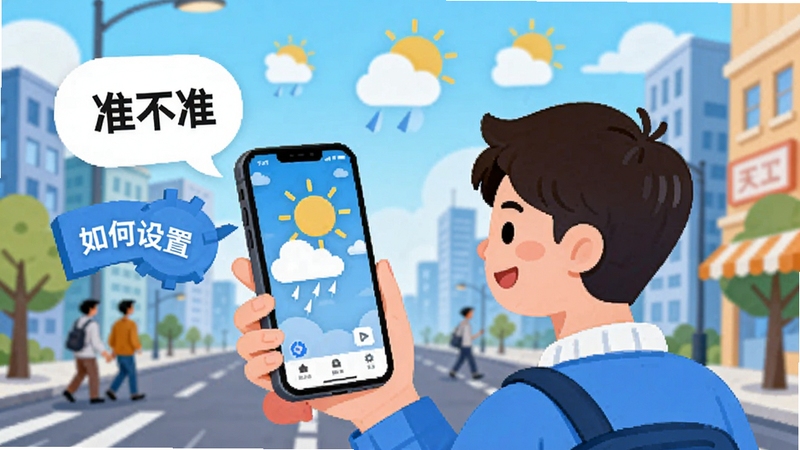 天气准点预警用户问答场景插画,画面中一个用户手持手机查看天气,旁边有对话气泡显示“准不准”和“如何设置”,背景为城市街道与天气图标,整体风格卡通扁平化,颜色明亮,突出互动问答主题,适合应用文章配图