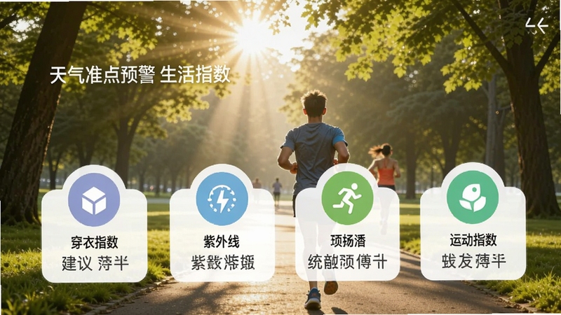天气准点预警生活指数页面,屏幕展示穿衣指数、紫外线指数、运动指数等圆形图标与对应建议文字,背景为公园晨跑场景,阳光透过树叶洒落,整体画风清新自然,手机界面展示清晰,符合生活服务类应用展示图