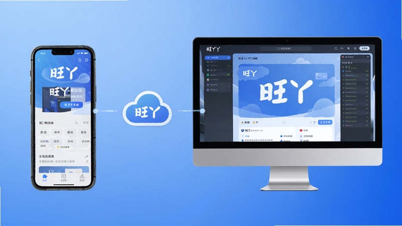 一张展示手机与电脑屏幕并排的图片,手机屏幕显示旺丫移动端界面,电脑屏幕显示旺丫PC端界面,两者通过云同步图标连接,背景为干净的渐变蓝色,画面强调多端协同与数据同步的概念,旺丫品牌标识居中,整体风格科技感十足,4K高清渲染。