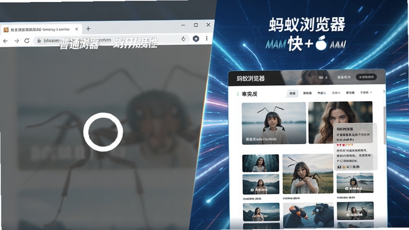 蚂蚁浏览器极速加载网页的对比场景图,左侧为普通浏览器缓慢加载的圆圈动画,右侧为蚂蚁浏览器瞬间完成图文混排页面的展示,背景呈现速度感的光效,突出“快”的核心优势