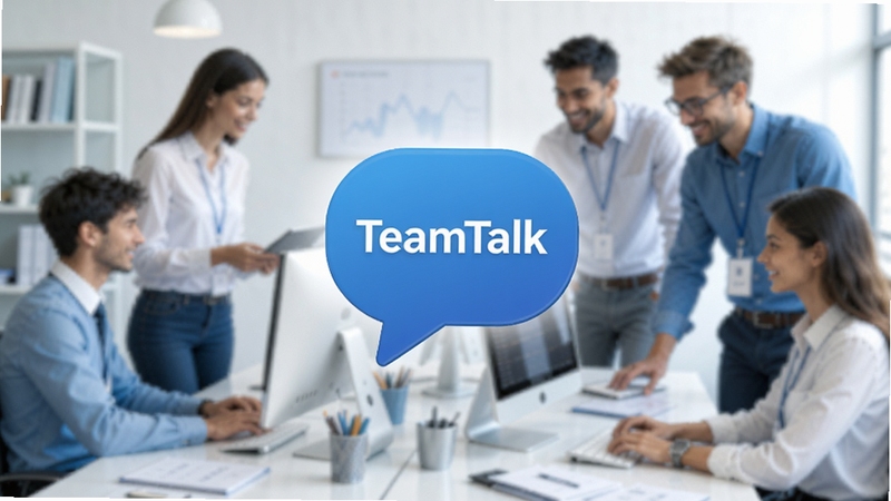 一个现代简约风格的企业办公场景,画面中央悬浮着一个带有TeamTalk字样的蓝色对话气泡图标,背景是模糊的办公室环境,有员工在电脑前协作交流,画面明亮清晰,色彩以蓝色和白色为主,展现专业高效的团队沟通氛围。