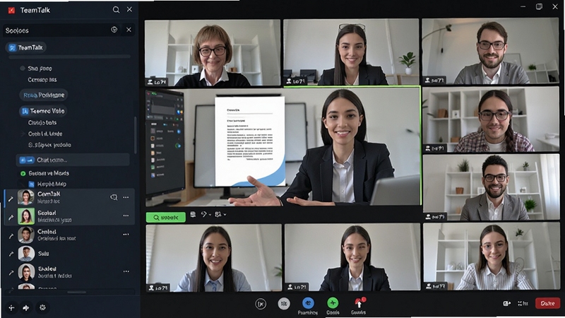 一个TeamTalk高清视频会议的使用场景,屏幕中多个参会者窗口排列整齐,其中一位主讲人正在共享文档,左侧有聊天与参会人列表,整体界面简洁现代,会议画面清晰,色彩自然,体现流畅的远程协作体验。