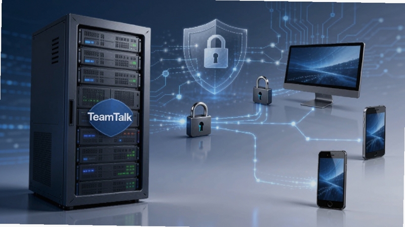 一个展示TeamTalk私有化部署概念的安全示意图,画面左侧是带有TeamTalk标志的服务器机柜,右侧是多个设备(电脑、手机)通过加密锁连接,背景有盾牌和网络线条元素,整体色调为深蓝与科技灰,突出安全可靠与数据掌控。