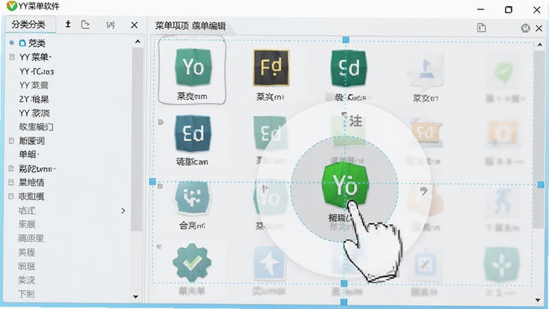 YY菜单软件的自定义编辑界面截图,左侧是分类列表,右侧是菜单项编辑区域,显示多个软件图标和名称,用户正在拖拽一个绿色软件图标至环形菜单中,界面以浅色为主题,布局清晰,辅助线显示对齐位置,背景为淡蓝色渐变。