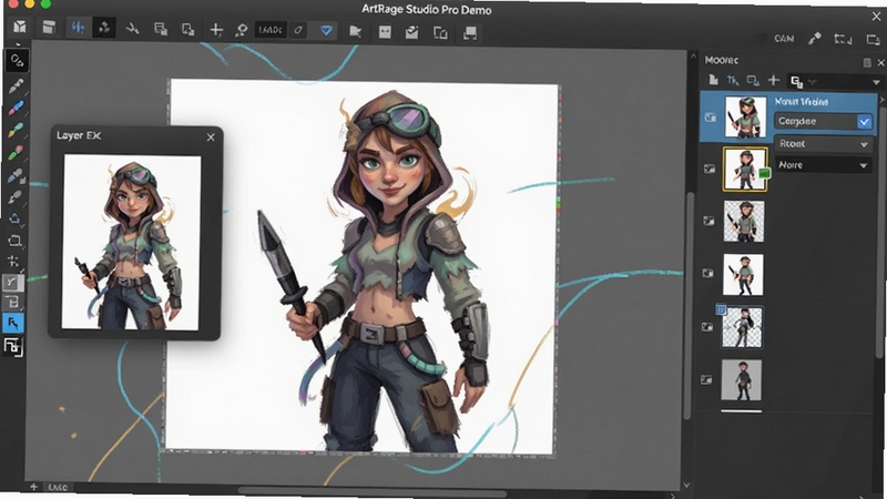 ArtRage Studio Pro Demo ͼ��༭���棬�Ҳ���ʾ���ͼ������ͼ����ģʽ�����˵������뻭����һ��δ��ɵĽ�ɫ�廭����ม���Ųο�ͼС���ڣ�������ɫ���£�ǿ��ͼ�㹦�ܵ�רҵ�������ԡ�