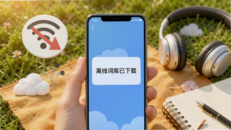 拓软成语词典离线词库界面,背景为户外草坪,手机屏幕显示“离线词库已下载”提示,周边有WiFi关闭图标和云朵图形,旁边摆放着耳机和笔记本,色彩温暖明亮,突出随时随地学习的便利性,画面比例为4:3