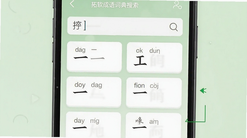 拓软成语词典搜索界面特写,搜索框内输入“一”字,下方展示多个以“一”开头的成语列表,每个成语配有拼音标注,界面采用白色卡片式设计,背景为淡绿色,画面清晰展示移动端操作流程,适合作为使用教程配图