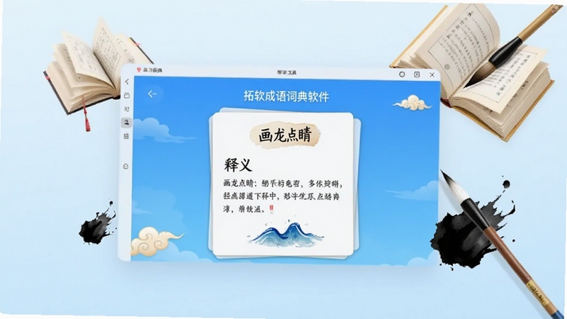画面主体为拓软成语词典软件界面悬浮在干净浅蓝色渐变背景上,界面展示成语“画龙点睛”的释义卡片,周围有翻开的书本、毛笔和墨迹元素,整体风格明亮简洁,突出学习工具属性,画面比例为16:9,细节丰富,适合作为软件功能预览图